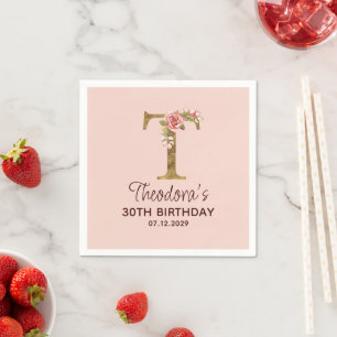 Letter T Gold Monogram Blush Pink Roses Napkin