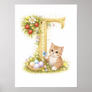 Letter T Gold Spring Nature Monogram Kitten Kids  Poster