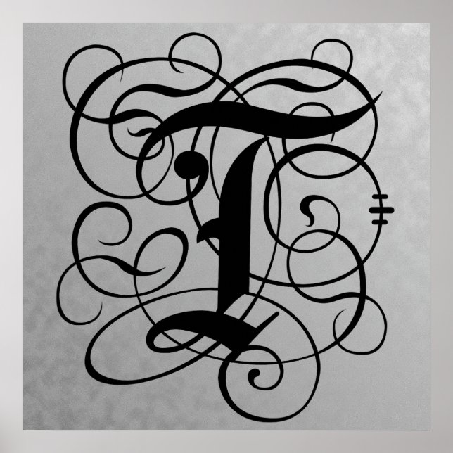 Letter T, Gothic Monogram Black Poster (Front)