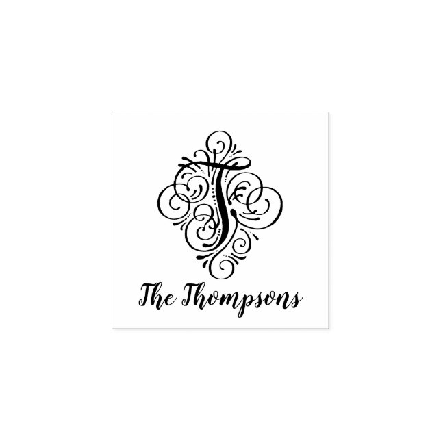 Letter T Initial Elegant Flourish Monogram Name Rubber Stamp (Imprint)