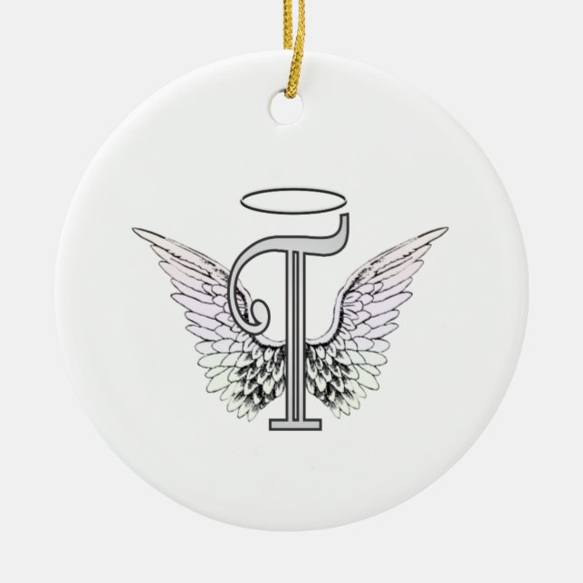 Letter T Initial Monogram with Angel Wings & Halo Ceramic Ornament (Front)