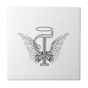Letter T Initial Monogram with Angel Wings & Halo Tile