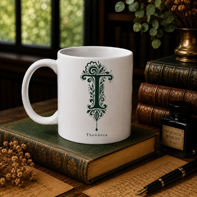 Letter T Linocut Botanical Personalized Mug (Creator Uploaded)