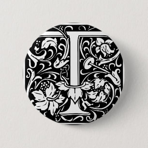 Letter T Medieval Monogram Art Nouveau 2 Inch Round Button