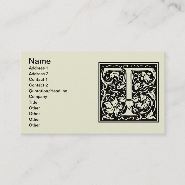 Letter T Medieval Monogram Art Nouveau Business Card (Front)