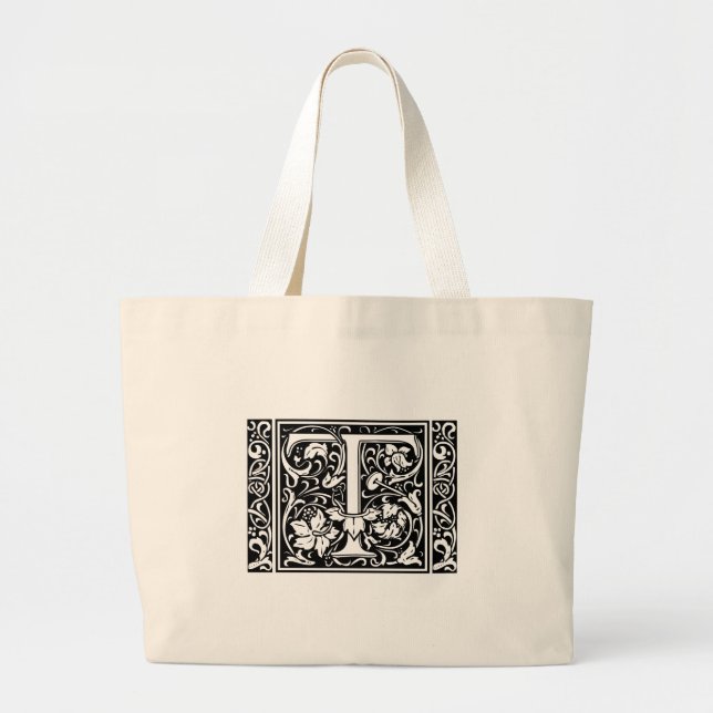 Letter T Medieval Monogram Art Nouveau Large Tote Bag (Front)