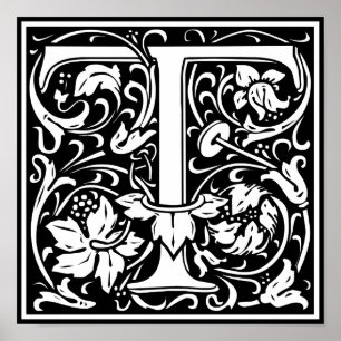 Letter T Medieval Monogram Art Nouveau Poster