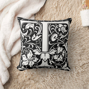 Letter T Medieval Monogram Art Nouveau Throw Pillow