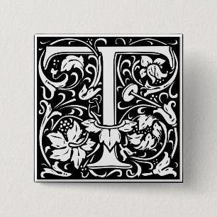 Letter T Medieval Monogram Vintage Initial 2 Inch Square Button