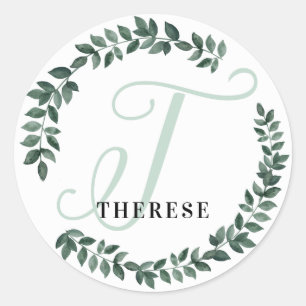 Letter T Monogram Custom Name Minimalist Botanical Classic Round Sticker