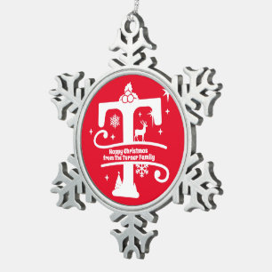 Letter T Monogram Initial Family Name Greeting Snowflake Pewter Christmas Ornament