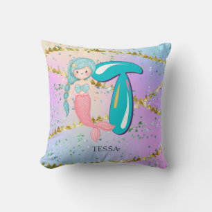 Letter T Monogram Watercolor Cute Mermaid Nursery Throw Pillow