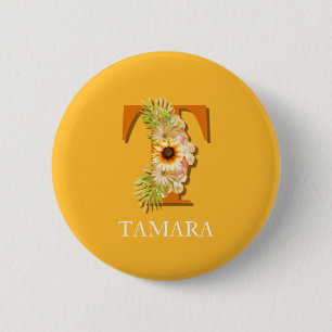Letter T Sunflower Floral Monogram with Name 2 Inch Round Button