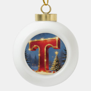 Letter T Tree Personalized Monogram Holiday Gift Ceramic Ball Christmas Ornament
