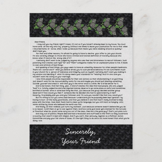 Letter to the Bible Thumpers Postcard (Front)