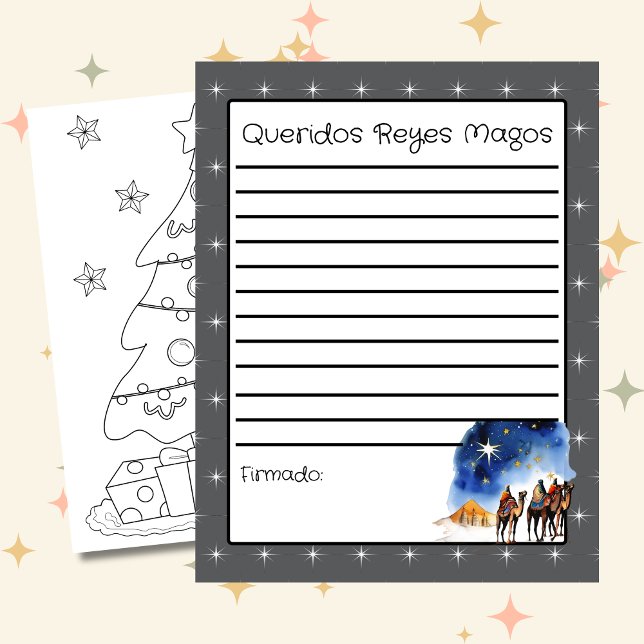Letter to the Three Wise Men Grey + Colouring Page (Spanish Letter to the wise men gray, custom text & language. Con jesus en el camino)