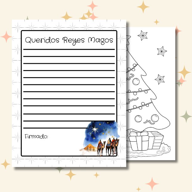 Letter to the Three Wise Men White Colouring Page (Spanish Letter to the wise men white, custom text & language. Con Jesus en el camino)
