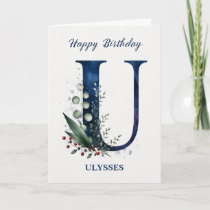 Letter U Birthday for Him Personalized Name Blue Card