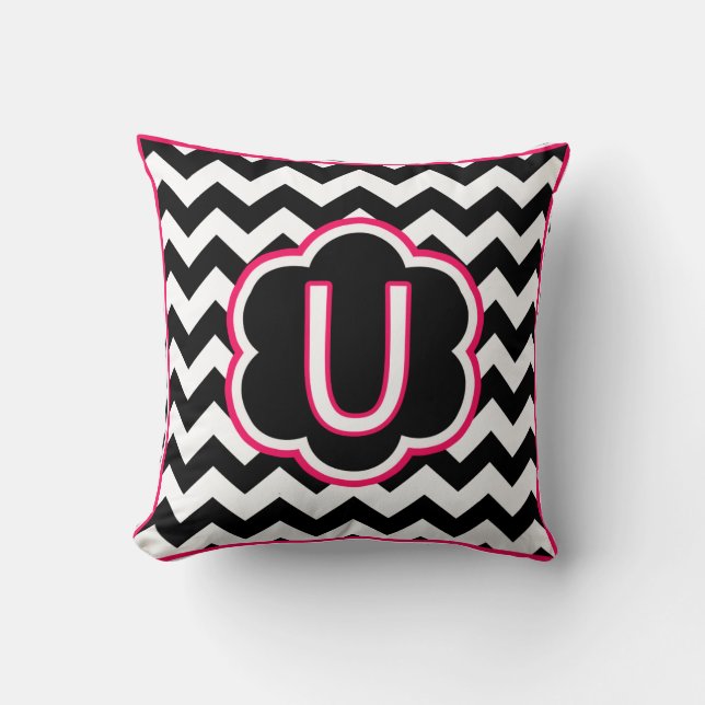 Letter U Black and White Chevron Monogram Throw Pillow (Front)