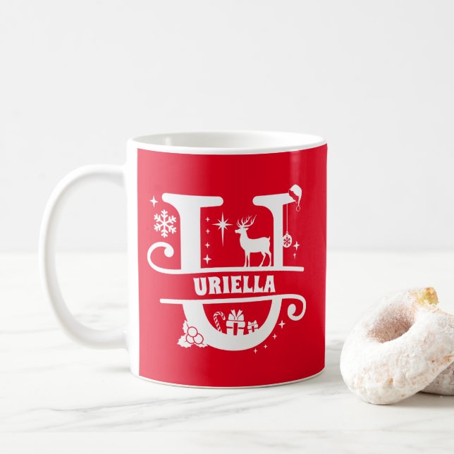 Letter U Christmas Monogram Initial Name Red  Coffee Mug (With Donut)