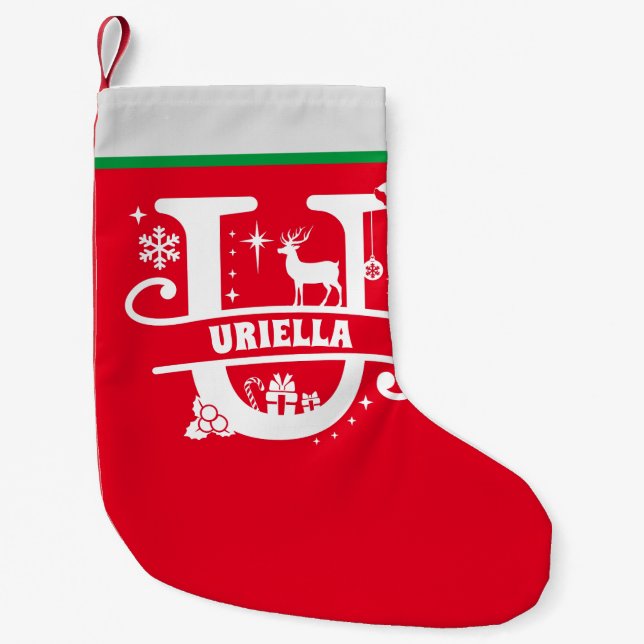 Letter U Christmas Monogram Initial Name Red White Small Christmas Stocking (Front)