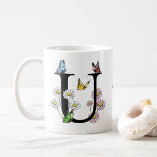 Letter U Floral Butterfly Monogram Initial    Coffee Mug