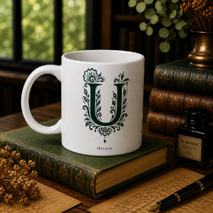 Letter U Linocut Botanical Personalized Mug