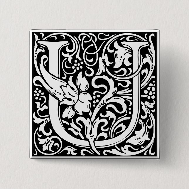 Letter U Medieval Monogram Art Nouveau 2 Inch Square Button (Front)