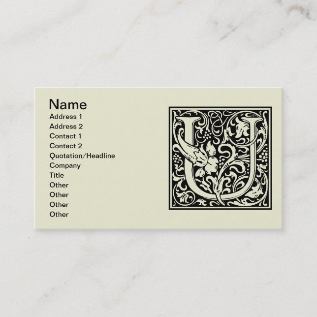Letter U Medieval Monogram Art Nouveau Business Card (Front)