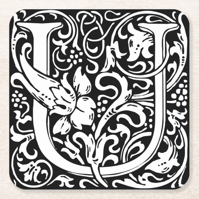 Letter U Medieval Monogram Art Nouveau Square Paper Coaster (Front)