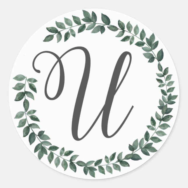 Letter U Monogram Minimalist Botanical Leaf Wreath Classic Round Sticker (Front)