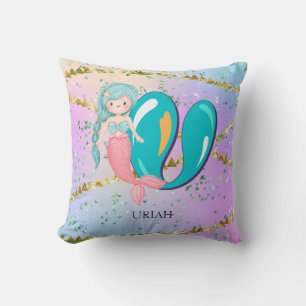 Letter U Monogram Watercolor Cute Mermaid Nursery Throw Pillow