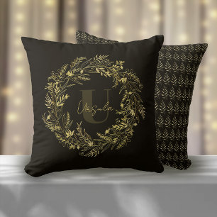 Letter U Urban Botanical Gold Monogram Throw Pillow