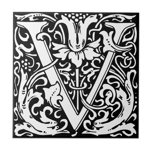 Letter V art nouveau black and white Tile (Front)