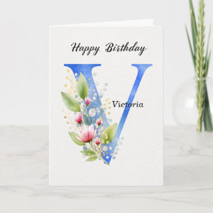 Letter V Birthday Custom Name Her Blue Monogram Card