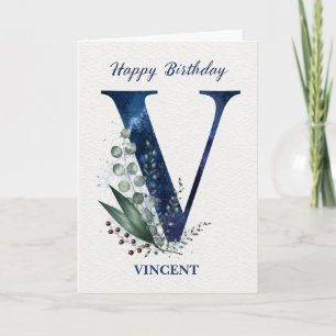 Letter V Birthday for Him Personalized Name Blue Card