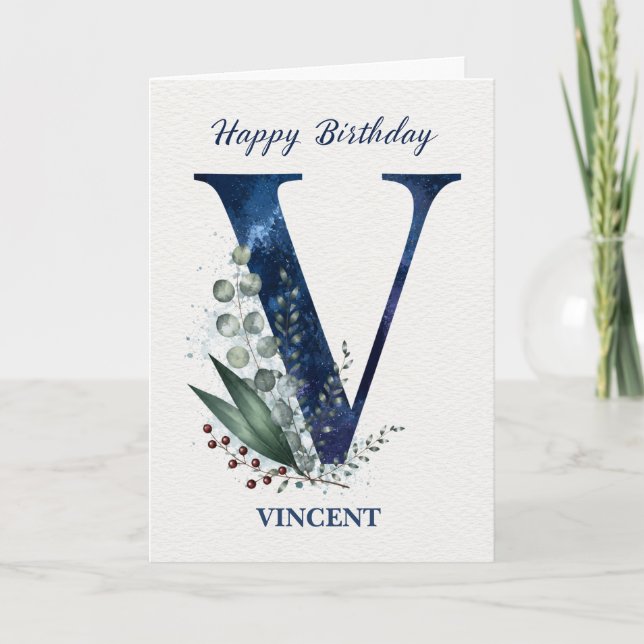Letter V Birthday for Him Personalized Name Blue Card (Front)