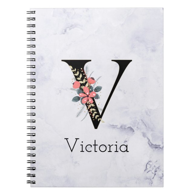 Letter "V" Boho Floral Monogram White Marble Notebook (Front)