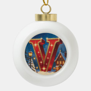 Letter V Christmas Village Personalized Initial Ceramic Ball Christmas Ornament
