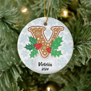 Letter V Custom Name Monogram Christmas Ceramic Ornament