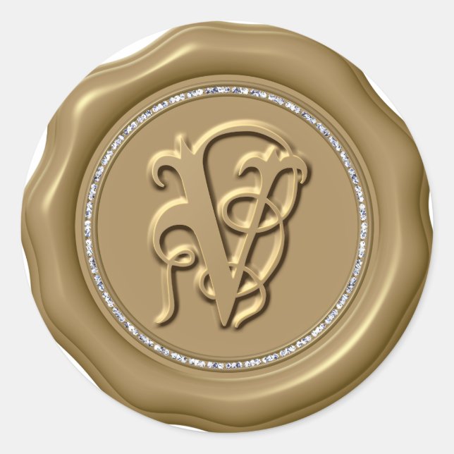 *~* Letter V Diamond Circle GOLD Wax Seal Stickers (Front)