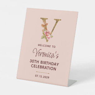 Letter V Gold Monogram Blush Pink Roses Sign