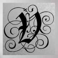 Letter V, Gothic Monogram Black Poster