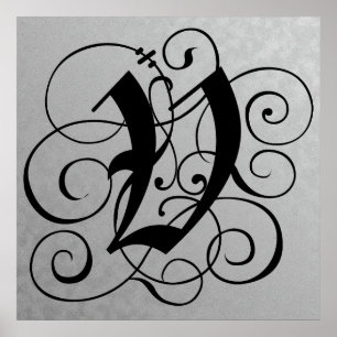 Letter V, Gothic Monogram Black Poster