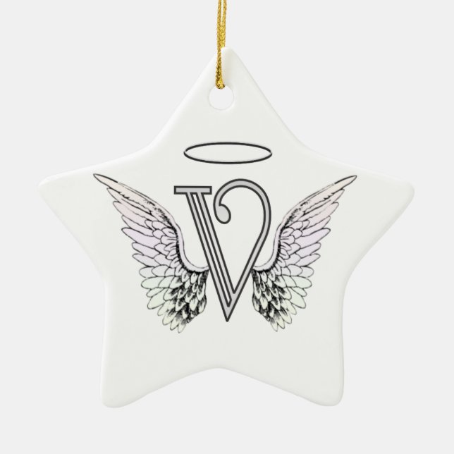 Letter V Initial Monogram with Angel Wings & Halo Ceramic Ornament (Front)