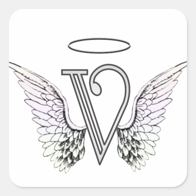 Letter V Initial Monogram with Angel Wings & Halo Square Sticker (Front)