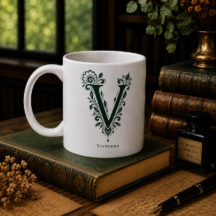 Letter V Linocut Botanical Personalized Mug