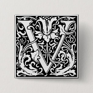 Letter V Medieval Monogram Art Nouveau 2 Inch Square Button