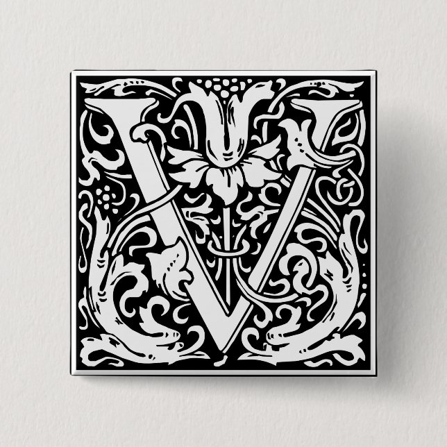 Letter V Medieval Monogram Art Nouveau 2 Inch Square Button (Front)