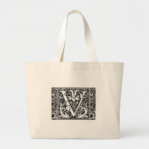 Letter V Medieval Monogram Art Nouveau Large Tote Bag